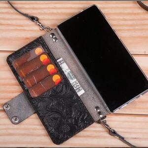 Black Embossed Leather Samsung Galaxy A51 Crossbody Wallet Phone Case